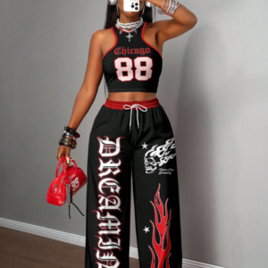 Home slaydiva 2pcs women casual sports style street fashion numeric 88 gothic retro flame print crop top and loose pants set, suitable for street style, summer